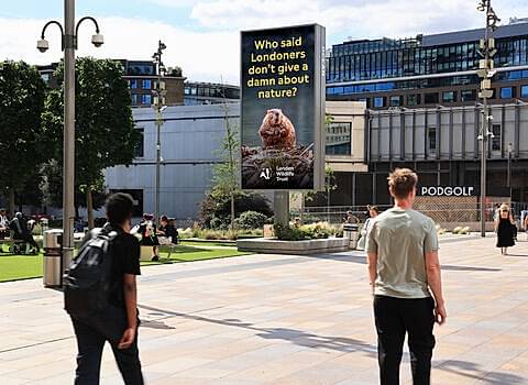 People walk through Westfield beside a digital London Wildlife Trust billboard showing a beaver with the message, “Who said Londoners don’t give a damn about nature?”